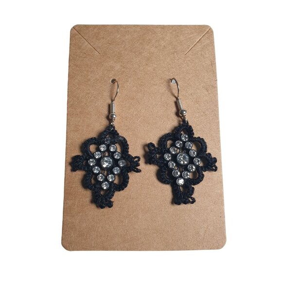 Handcrafted Black Lace Earrings With Rhinestone Accents Metal Hooks Vintage - Picture 3 of 3